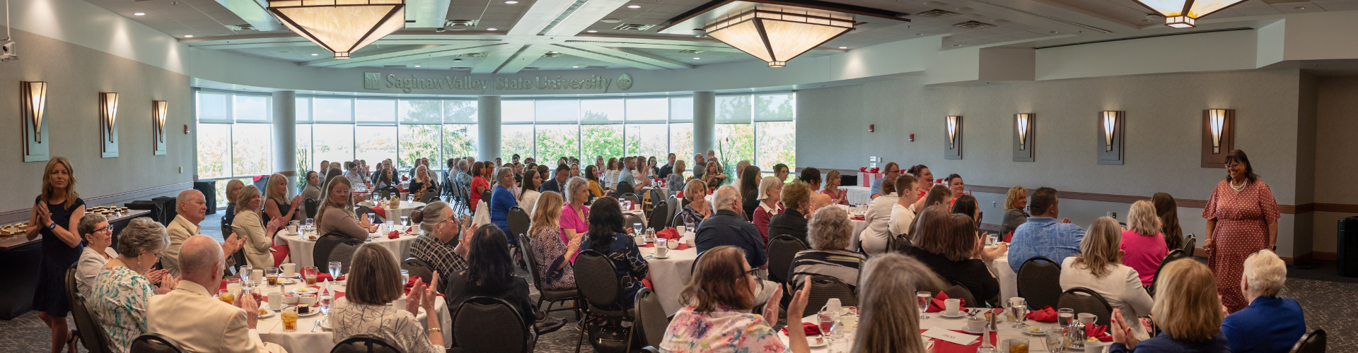 seated guests at round banquet tables